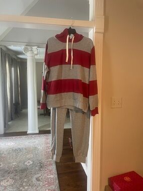 Red and Gray Striped Hoodie Set